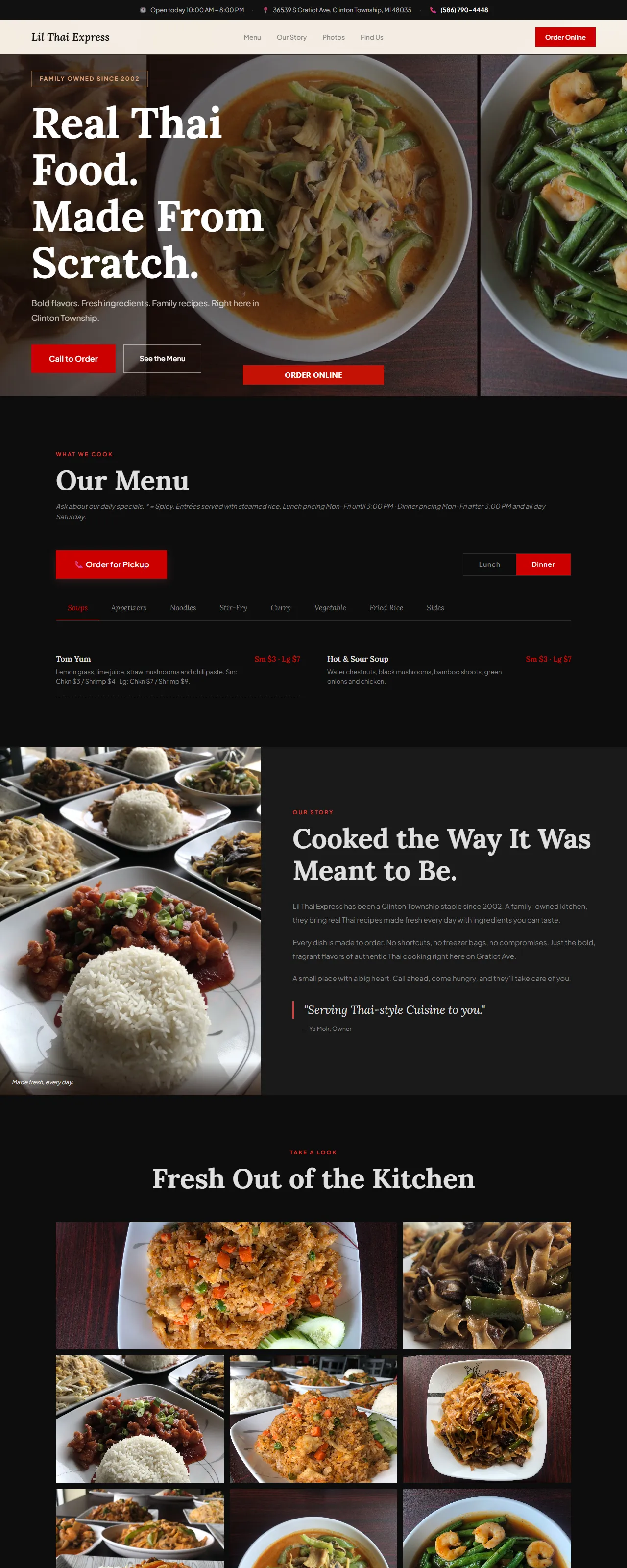 The Lil Thai Express home page from top to gallery: a hero of their dishes, the menu with lunch and dinner tabs, the family story, and a photo grid
