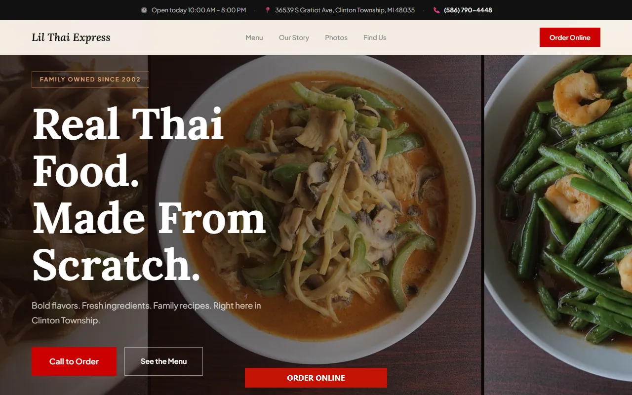 Página de inicio de Lil Thai Express: “Real Thai Food. Made From Scratch.”, con los botones Call to Order y See the Menu