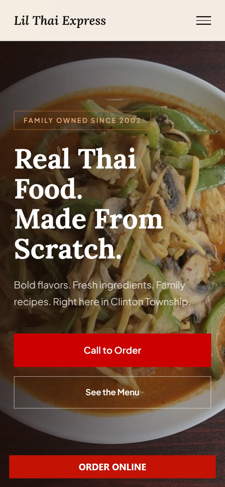 Lil Thai Express on a phone, with Call to Order and See the Menu buttons